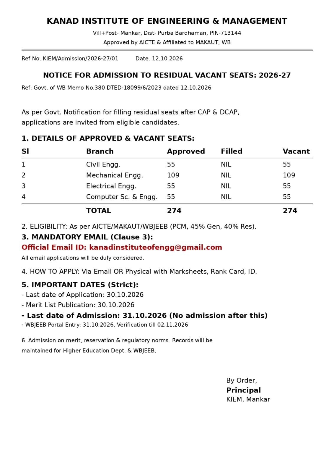 NOTICE FOR ADMISSION TO RESIDUAL VACANT SEATS: 2026-27